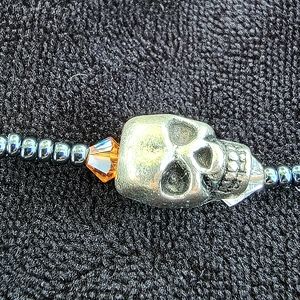 Authentic Gemstone Hand Crafted Bracelet w Skulls + Hamsa Hand Charm